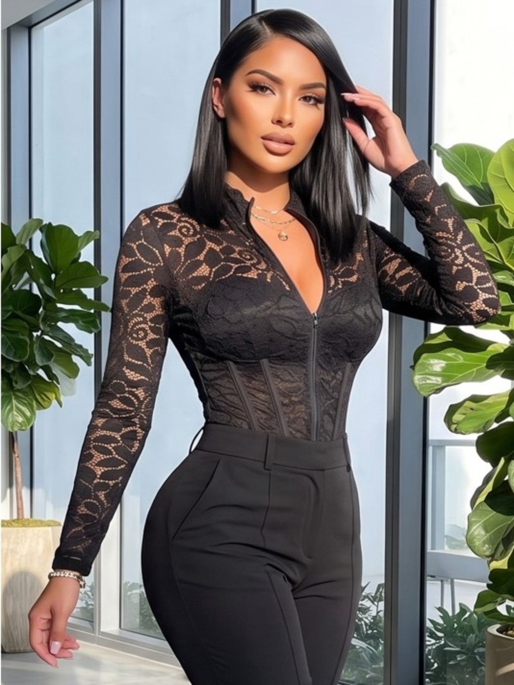 Black Lace Zip-Front Long Sleeve Top - Elegant Women's Lace Bustier T-49612-2CLR